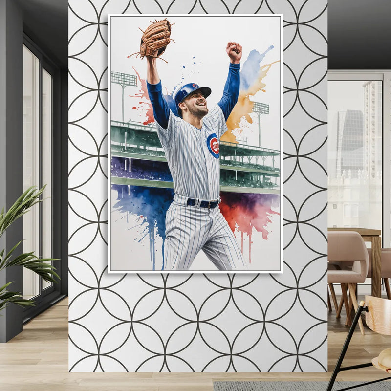 Chicago Cubs Player Celebration in Expressive Watercolor Sitting Room - White Canvas Wall Art