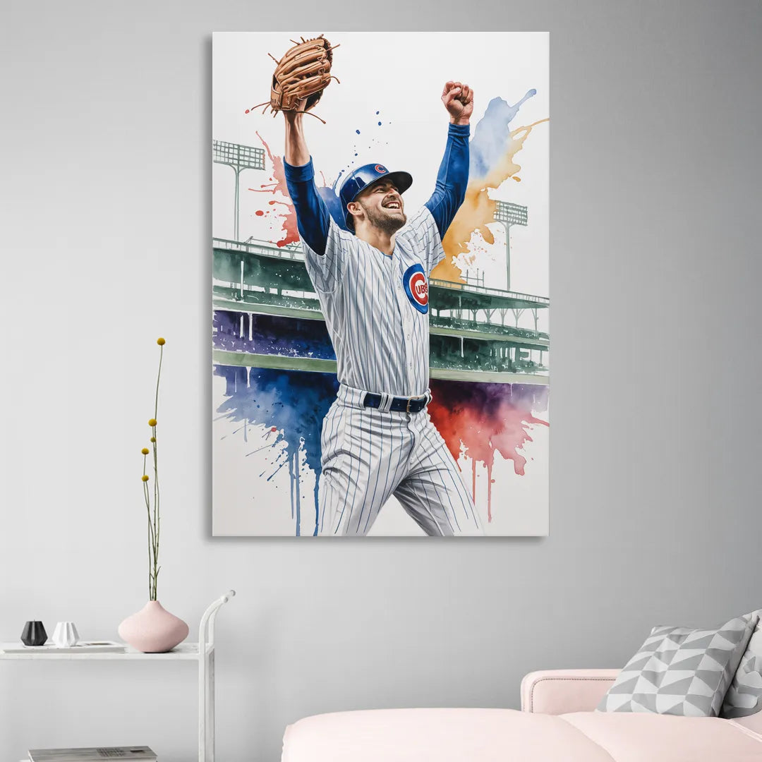 Chicago Cubs Player Celebration in Expressive Watercolor Sitting Room - Canvas Wall Art