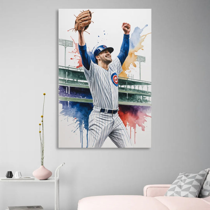 Chicago Cubs Player Celebration in Expressive Watercolor Sitting Room - Canvas Wall Art