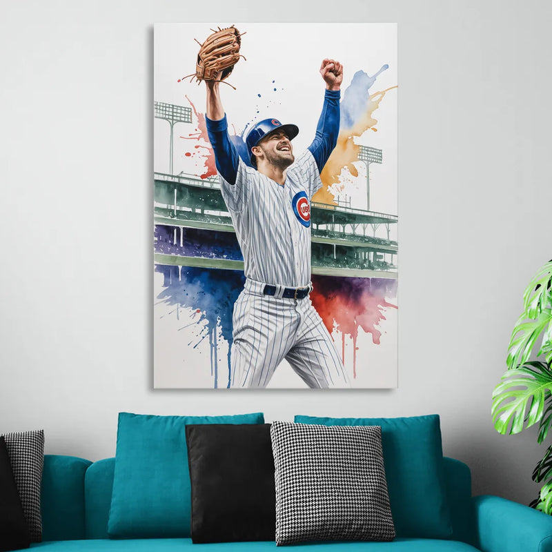 Chicago Cubs Player Celebration in Expressive Watercolor Living Room - Canvas Wall Art