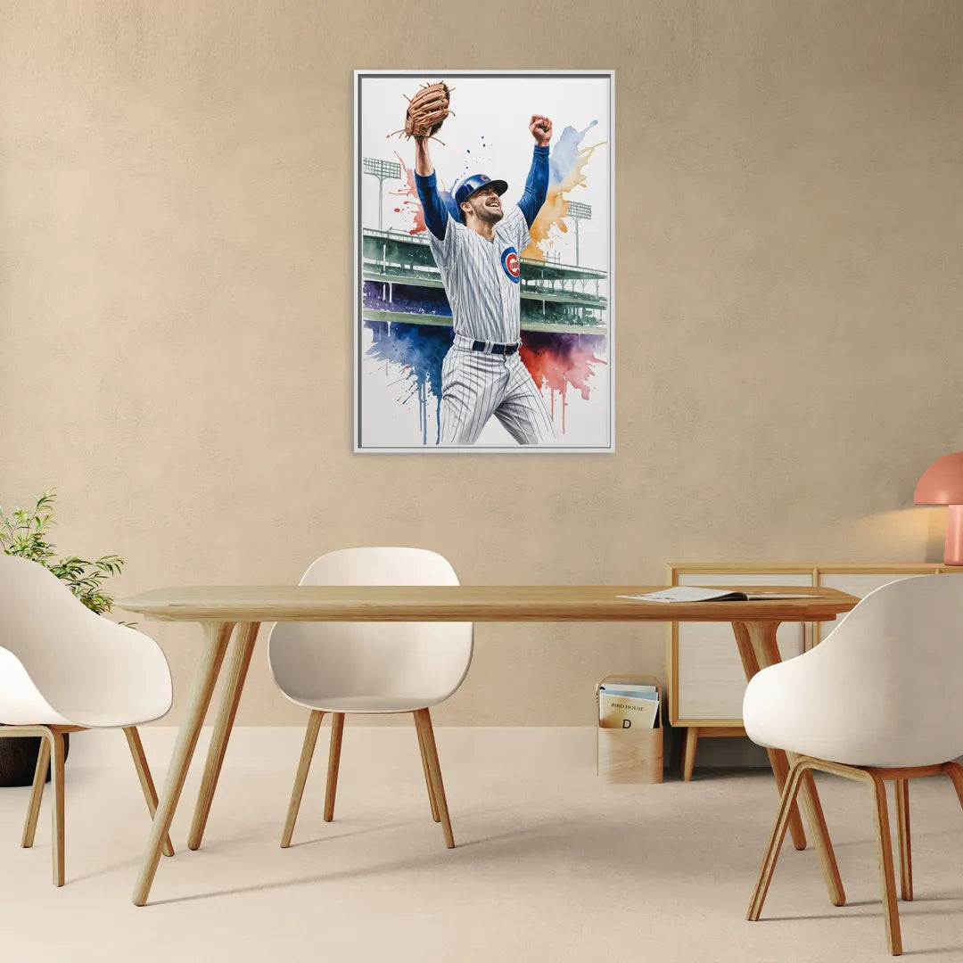 Chicago Cubs Player Celebration in Expressive Watercolor - Living Room White Frame Canvas