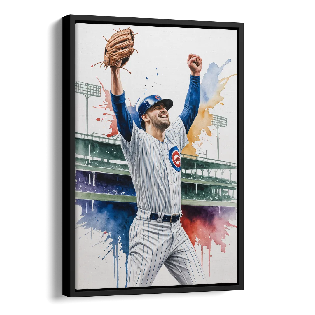 Chicago Cubs Player Celebration in Expressive Watercolor Side - Black Canvas Wall Art