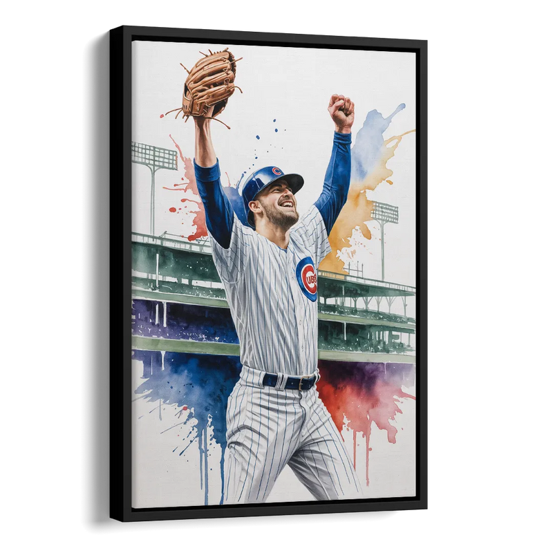 Chicago Cubs Player Celebration in Expressive Watercolor Side - Black Canvas Wall Art