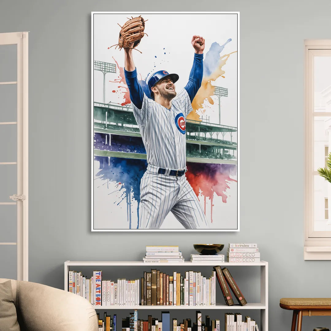 Chicago Cubs Player Celebration in Expressive Watercolor Living Room - White Canvas Wall Art