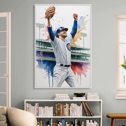 Chicago Cubs Player Celebration in Expressive Watercolor Living Room - White Canvas Wall Art