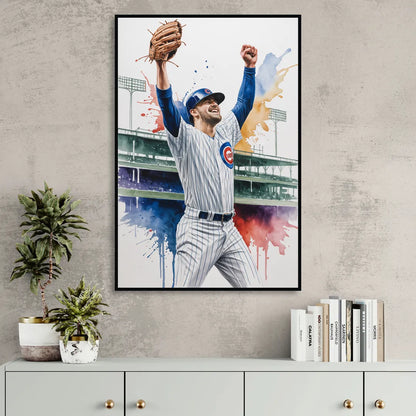 Chicago Cubs Player Celebration in Expressive Watercolor Living Room - Black Canvas Wall Art
