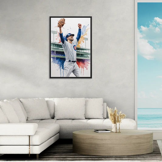 Chicago Cubs Player Celebration in Expressive Watercolor - Living Room Black Frame Canvas
