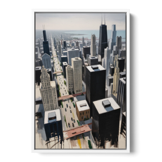 Chicago Downtown Black & White - White Framed Canvas Wall Art - Front