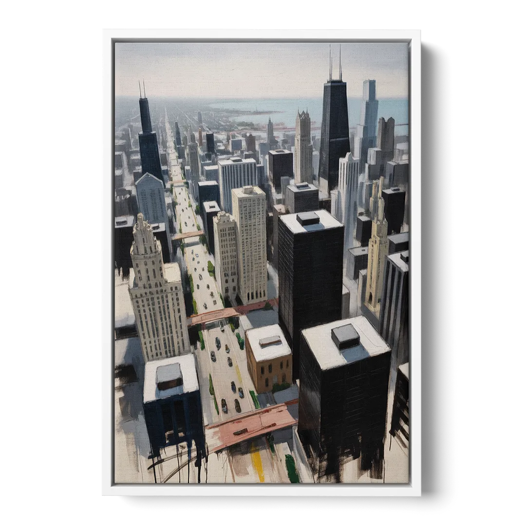 Chicago Downtown Black & White - White Frame Canvas