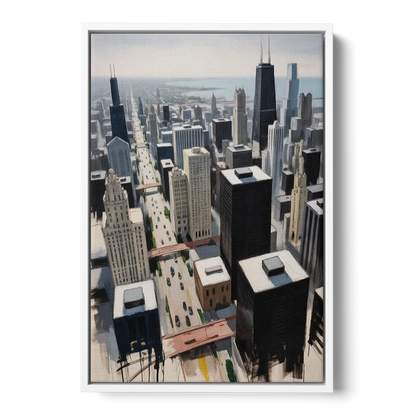 Chicago Downtown Black & White - White Frame Canvas