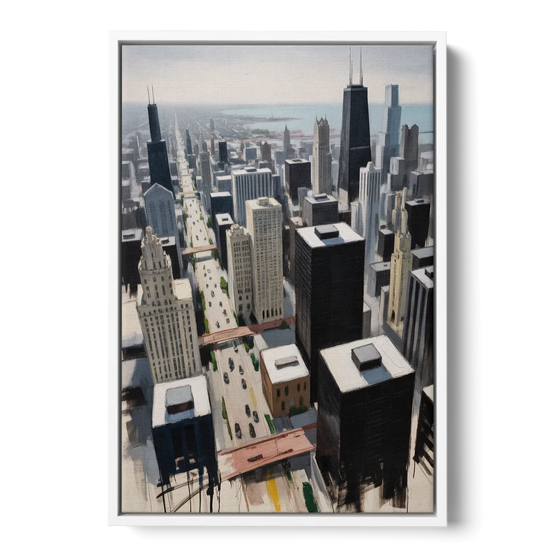 Chicago Downtown Black & White - White Frame Canvas