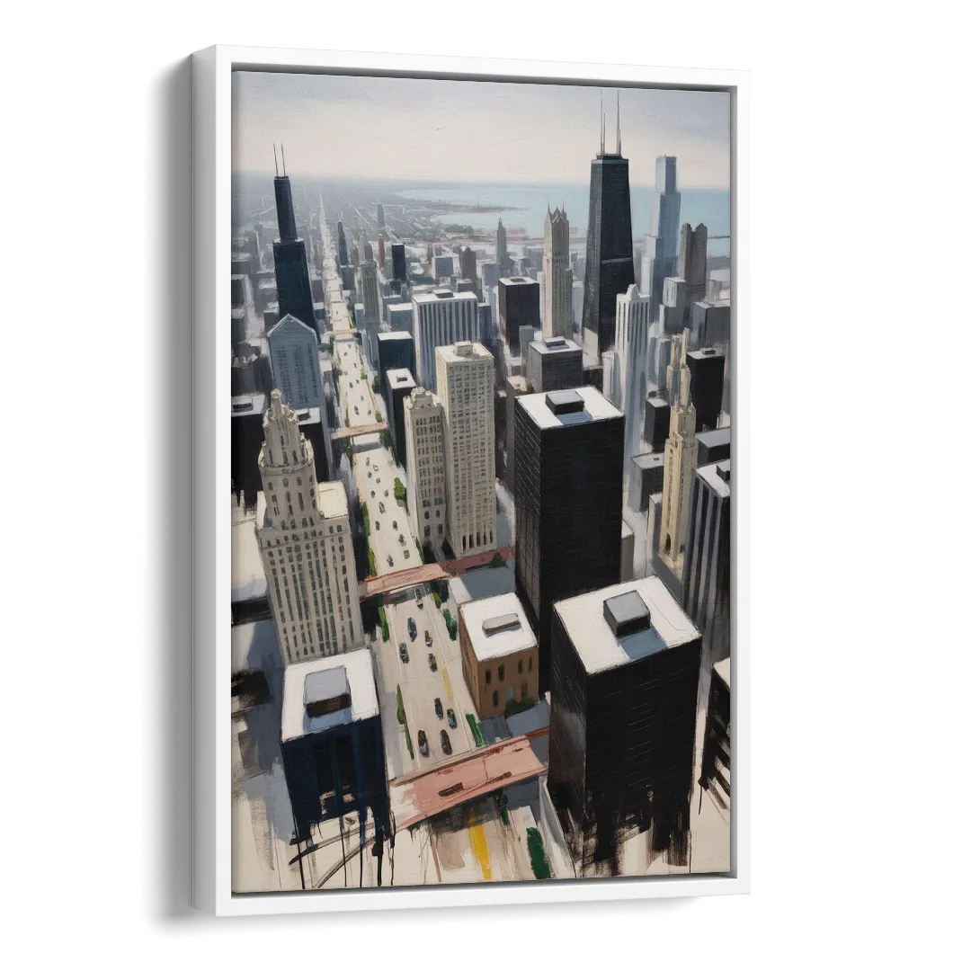 Chicago Downtown Black & White Side - White Canvas Wall Art