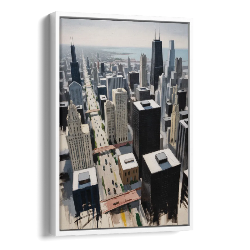 Chicago Downtown Black & White Side - White Canvas Wall Art