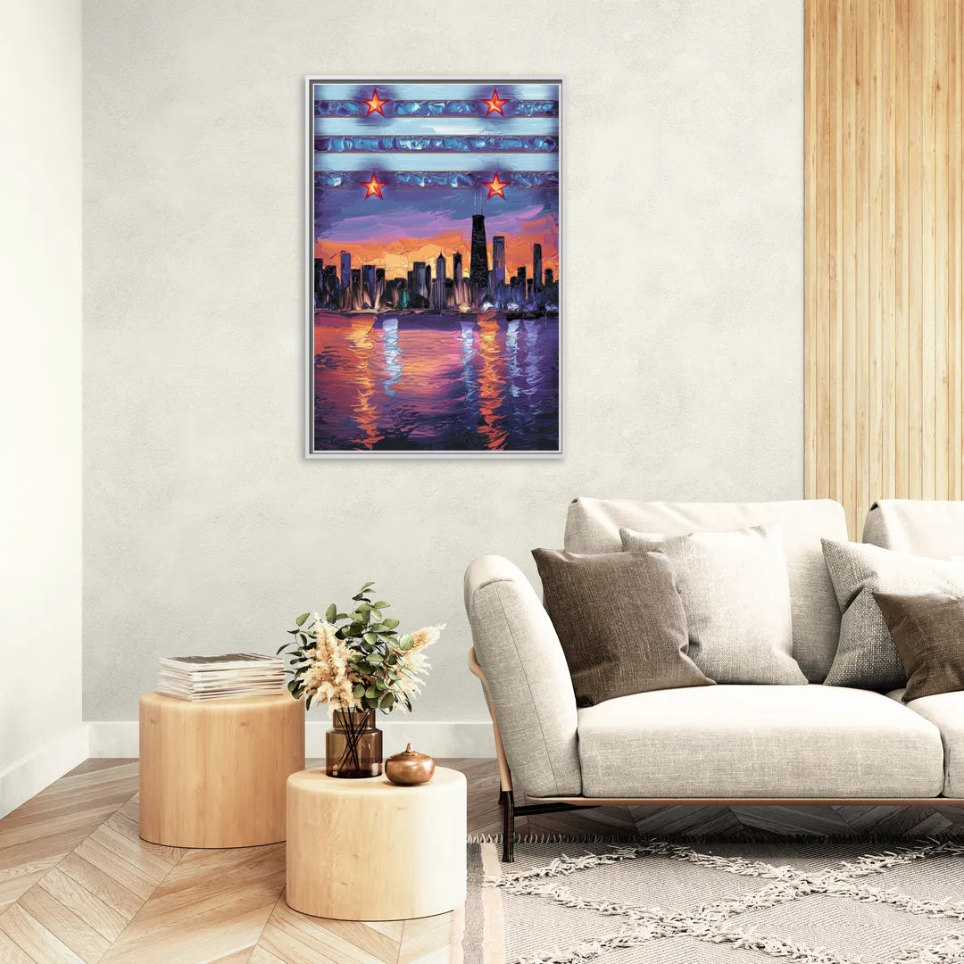 Chicago Flag Inspired Design - Living Room White Frame Canvas