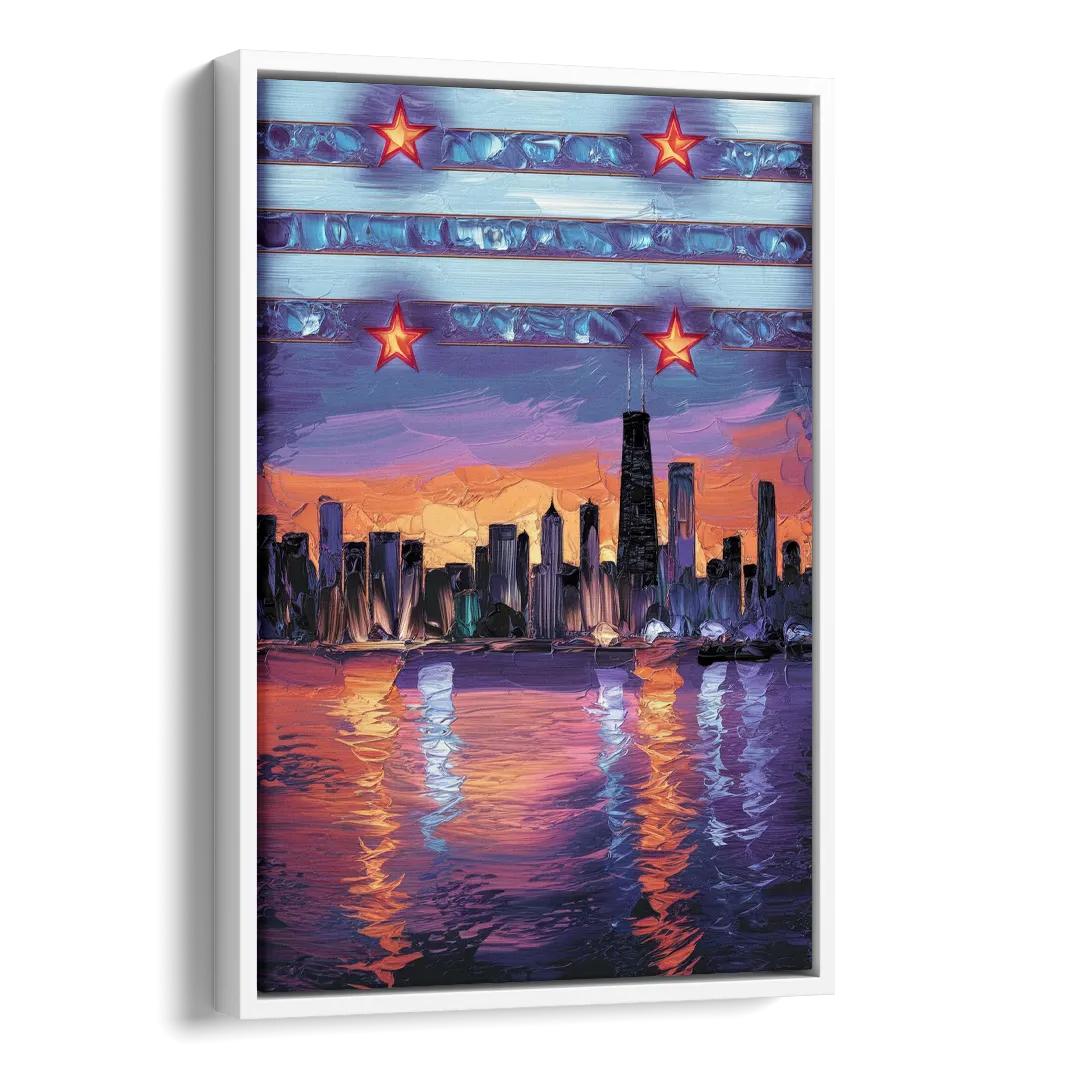 Chicago Flag Inspired Design Side - White Canvas Wall Art