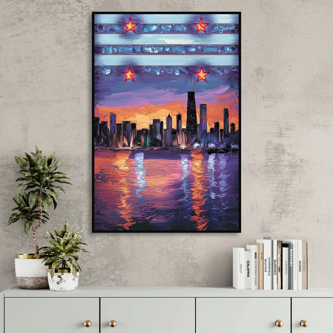 Chicago Flag Inspired Design Living Room - Black Canvas Wall Art