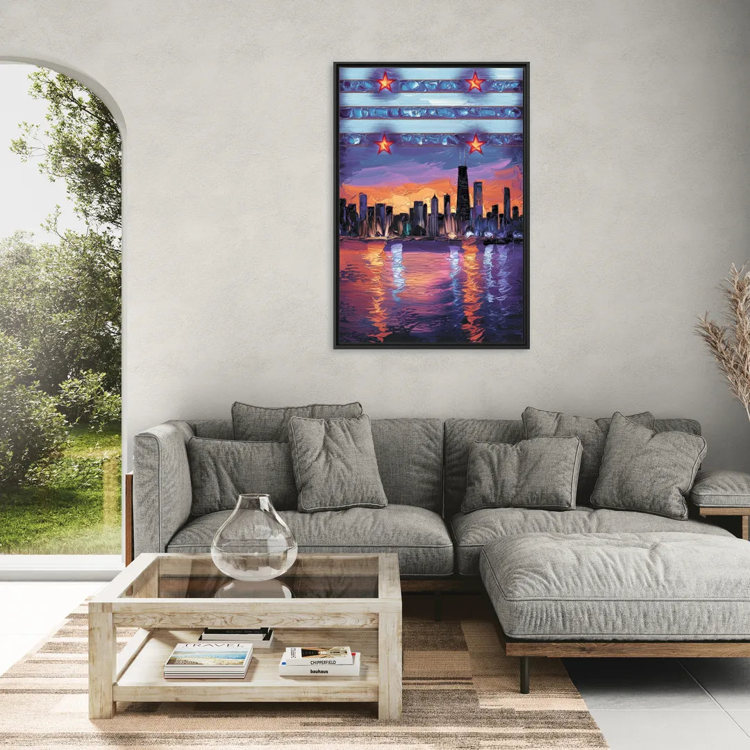 Chicago Flag Inspired Design - Living Room Black Frame Canvas