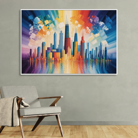 Chicago Geometric Skyline Abstraction Living Room - White Canvas Wall Art