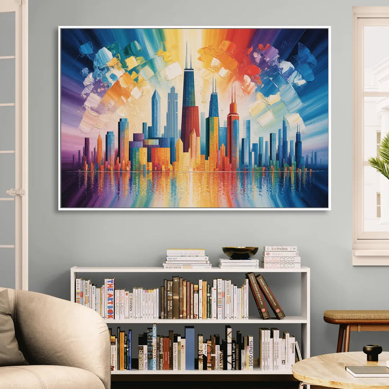 Chicago Geometric Skyline Abstraction Sitting Room - White Canvas Wall Art