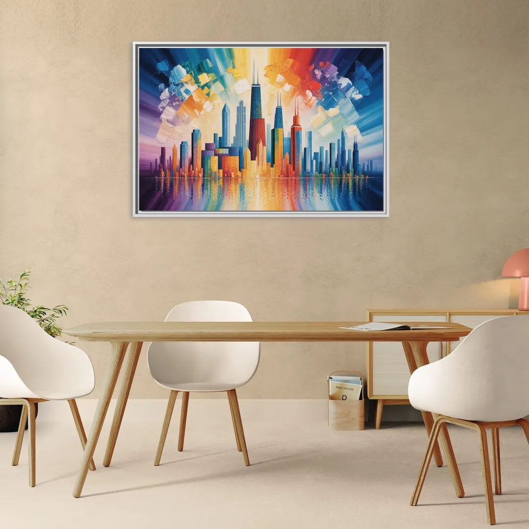 Chicago Geometric Skyline Abstraction - Living Room White Frame Canvas