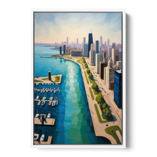Chicago Harbor Aerial View - White Framed Canvas Wall Art - Front