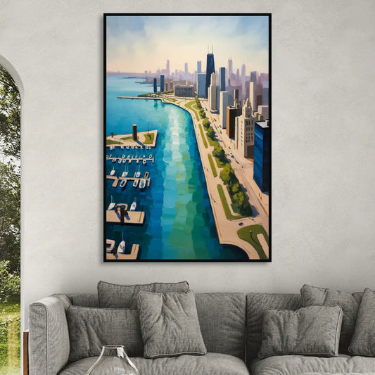 Chicago Harbor Aerial View Living Room - Black Canvas Wall Art