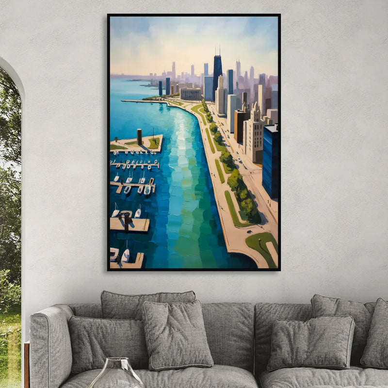 Chicago Harbor Aerial View Living Room - Black Canvas Wall Art