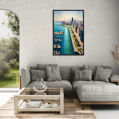 Chicago Harbor Aerial View - Living Room Black Frame Canvas