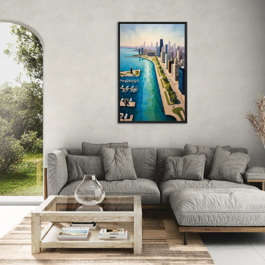 Chicago Harbor Aerial View - Living Room Black Frame Canvas
