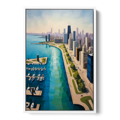 Chicago Harbor Aerial View Front - White Canvas Wall Art
