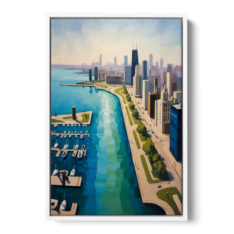 Chicago Harbor Aerial View Front - White Canvas Wall Art