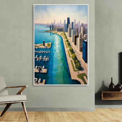 Chicago Harbor Aerial View Sitting Room - White Canvas Wall Art