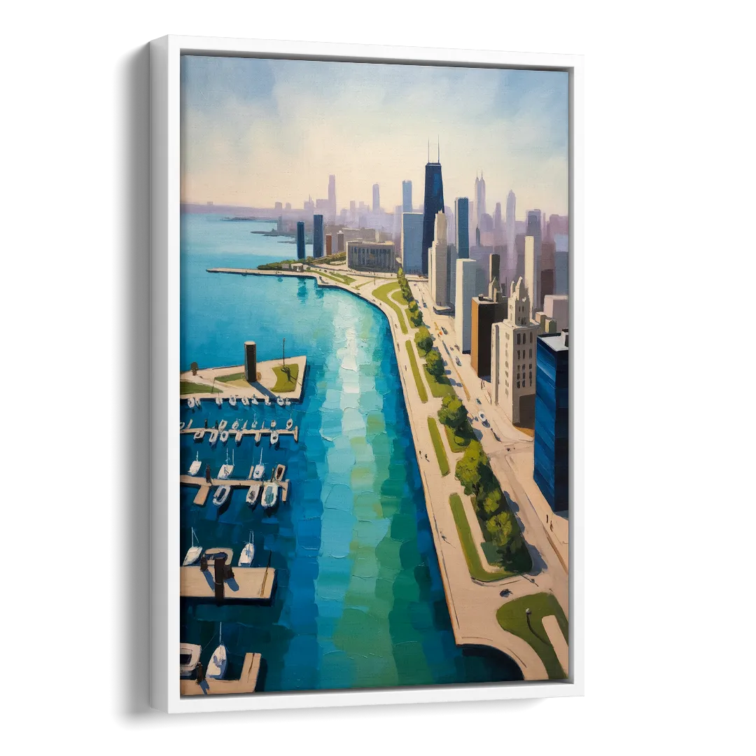 Chicago Harbor Aerial View Side - White Canvas Wall Art