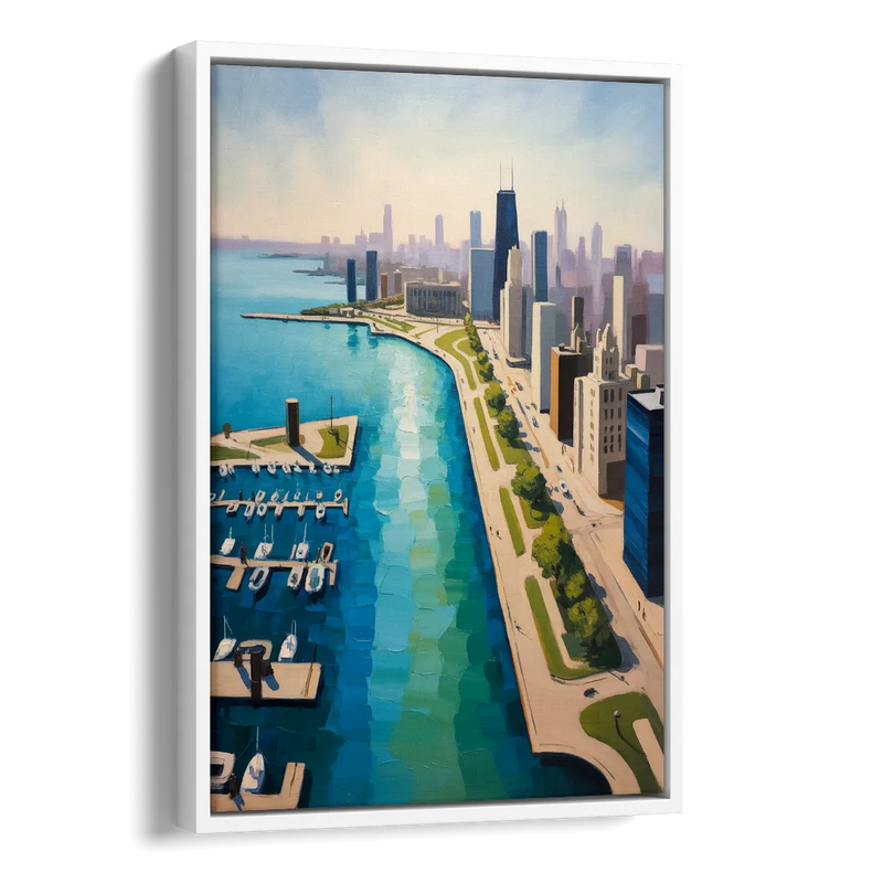 Chicago Harbor Aerial View Side - White Canvas Wall Art