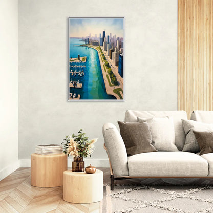 Chicago Harbor Aerial View - Living Room White Frame Canvas