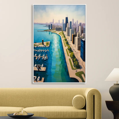 Chicago Harbor Aerial View Living Room - White Canvas Wall Art
