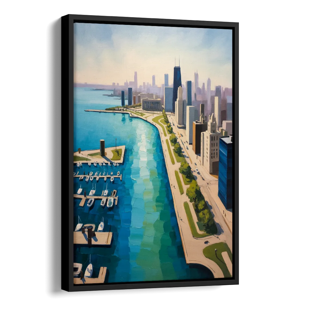 Chicago Harbor Aerial View Side - Black Canvas Wall Art