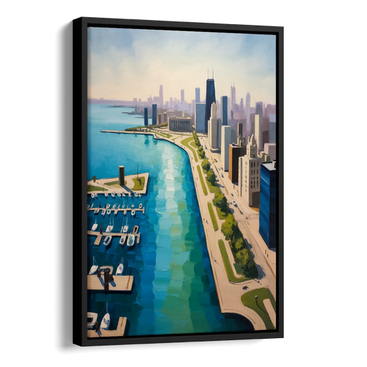 Chicago Harbor Aerial View Side - Black Canvas Wall Art