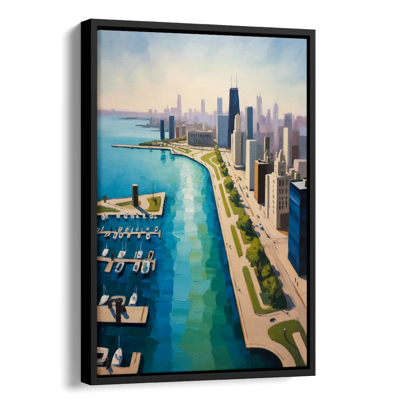 Chicago Harbor Aerial View Side - Black Canvas Wall Art