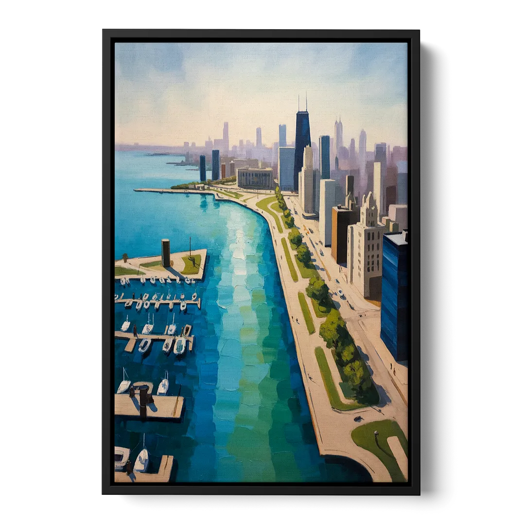 Chicago Harbor Aerial View Front - Black Canvas Wall Art