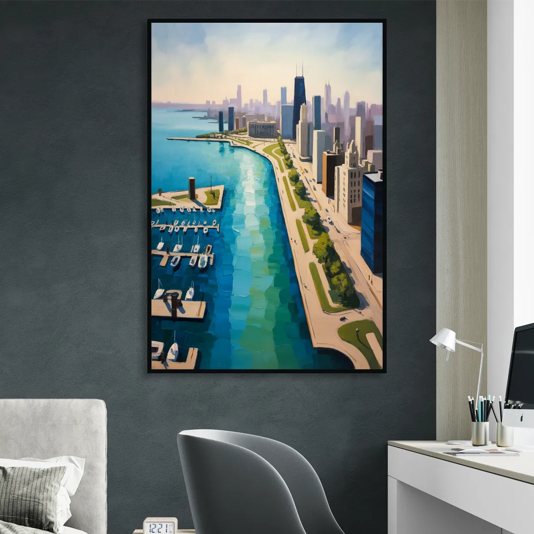 Chicago Harbor Aerial View Sitting Room - Black Canvas Wall Art