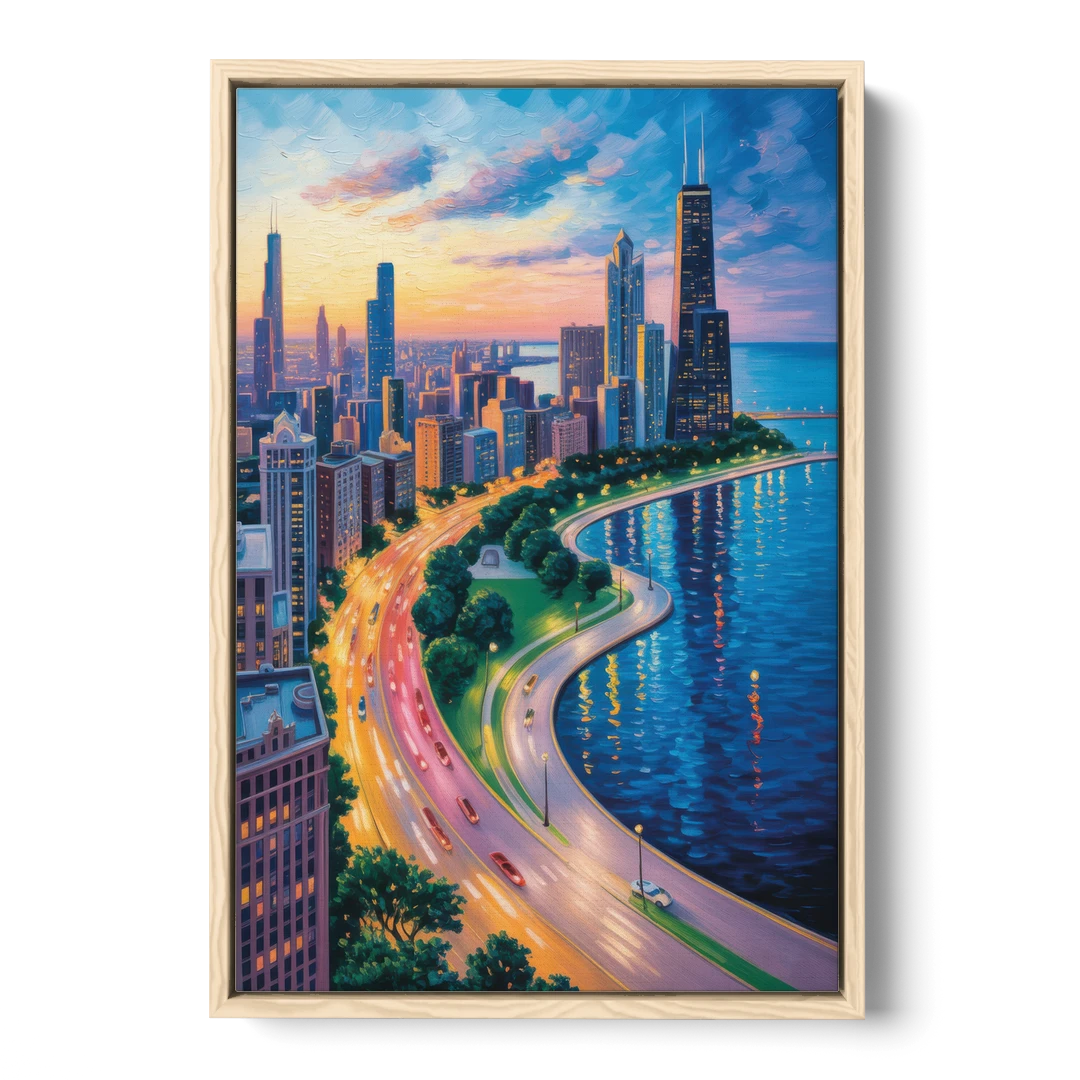 Chicago Lake Shore Drive - Oak Framed Canvas Wall Art - Front