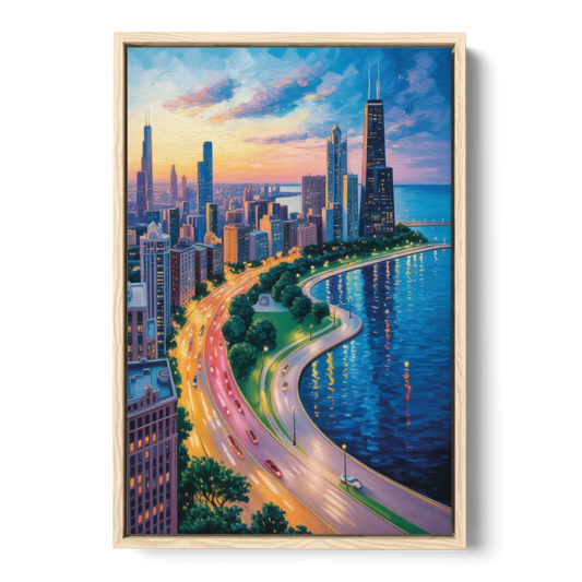 Chicago Lake Shore Drive - Oak Framed Canvas Wall Art - Front