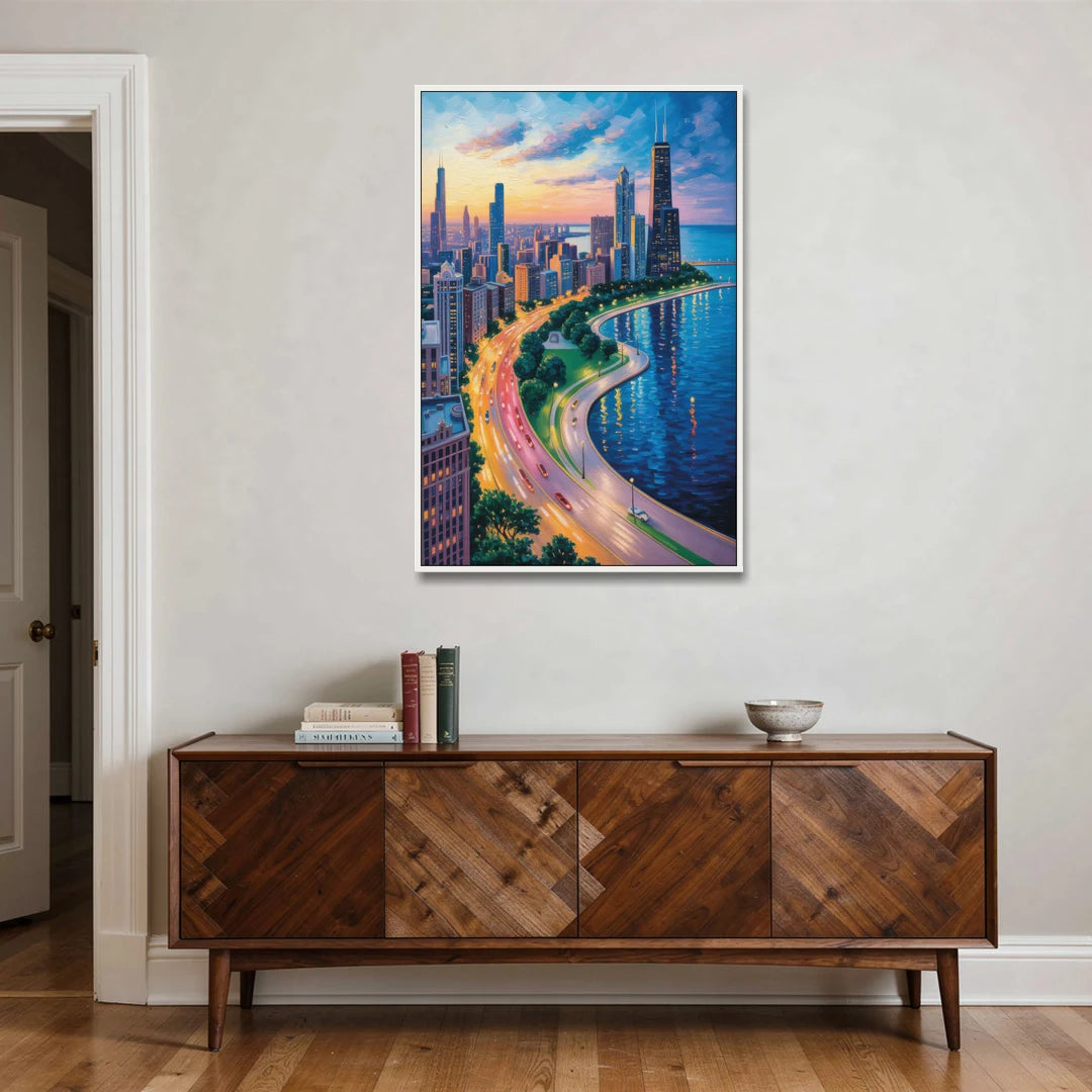 Chicago Lake Shore Drive - White Framed Canvas Wall Art - Coffee Table - 32x48