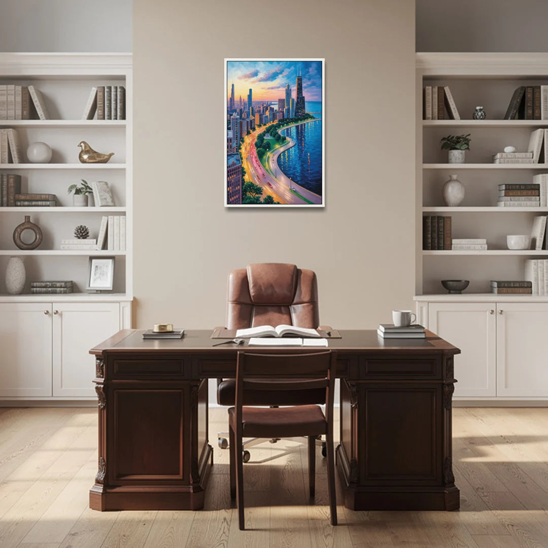 Chicago Lake Shore Drive - White Framed Canvas Wall Art - Office - 24x36