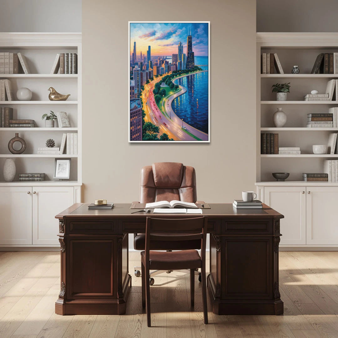 Chicago Lake Shore Drive - White Framed Canvas Wall Art - Office - 32x48