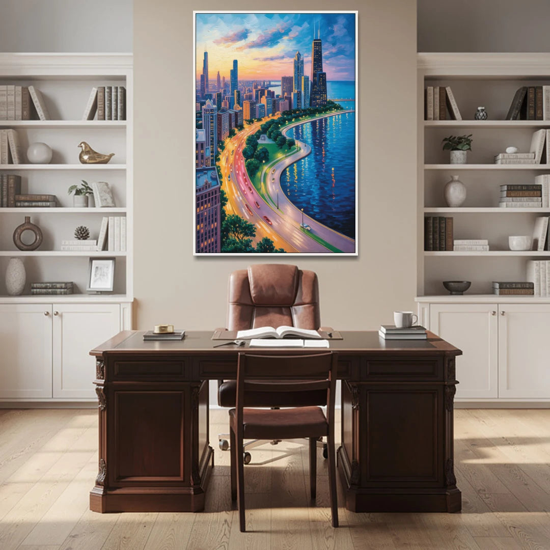 Chicago Lake Shore Drive - White Framed Canvas Wall Art - Office - 40x60
