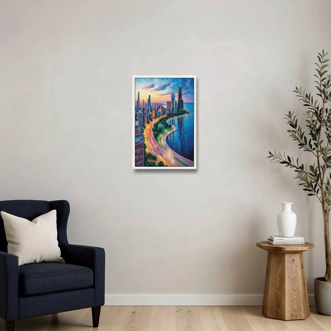 Chicago Lake Shore Drive - White Framed Canvas Wall Art - Sofa - 16x24