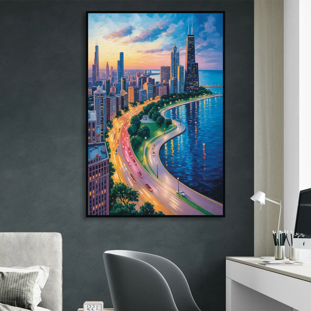 Chicago Lake Shore Drive Living Room - Black Canvas Wall Art