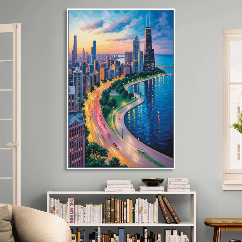 Chicago Lake Shore Drive Sitting Room - White Canvas Wall Art